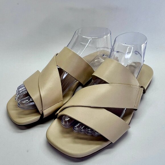 Vince Dylan Leather Flat Sandals Size 9.5M Beige Asymmetrical Slide Shoes - Picture 3 of 16